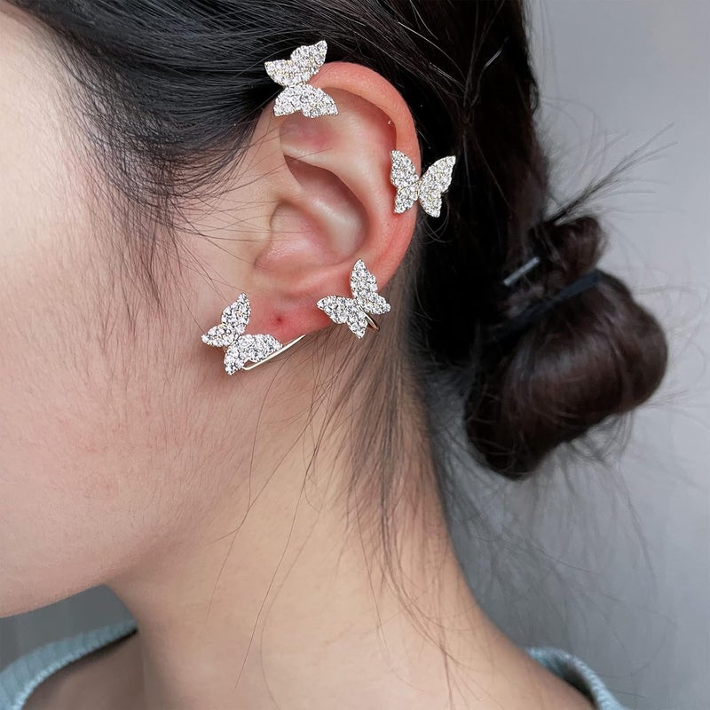 DOLLESS Butterfly Ear Cuffs Earrings Rhinestone Butterfly Ear Wrap No Piercing Ear Cuff Clip On Earrings for Women - Image 3
